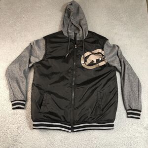 Ecko Unitd Jacket Mens Large Black Gray Hooded Full Zip Logo‎ Graphic Pocket